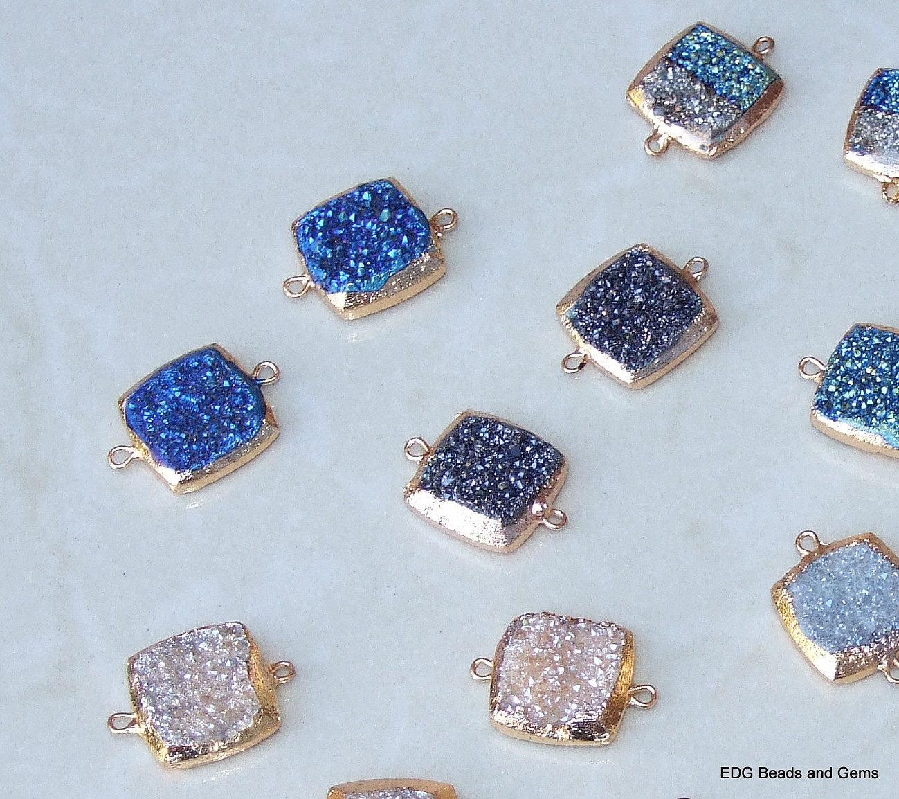 Druzy Connector. Brushed Gold Plated Edge and Loops. Druzy Quartz. Square Druzy Connector Pendant Bead - Titanium Coated - 16mm x 16mm - EDGBeadsandGems