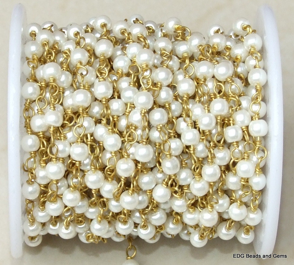 White Glass Pearl Rosary Chain, Bulk Chain, Rondelle Glass Beads, Beaded Chain, Body Chain Jewelry, Gold Necklace Chain, Belly Chain, 6mm - EDGBeadsandGems