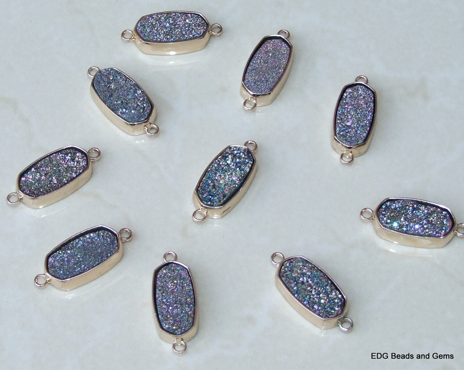 Rainbow Druzy Connector, Druzy Agate Quartz. Gold Plated Cup Bezel and Loops - 15mm x 25mm - EDGBeadsandGems