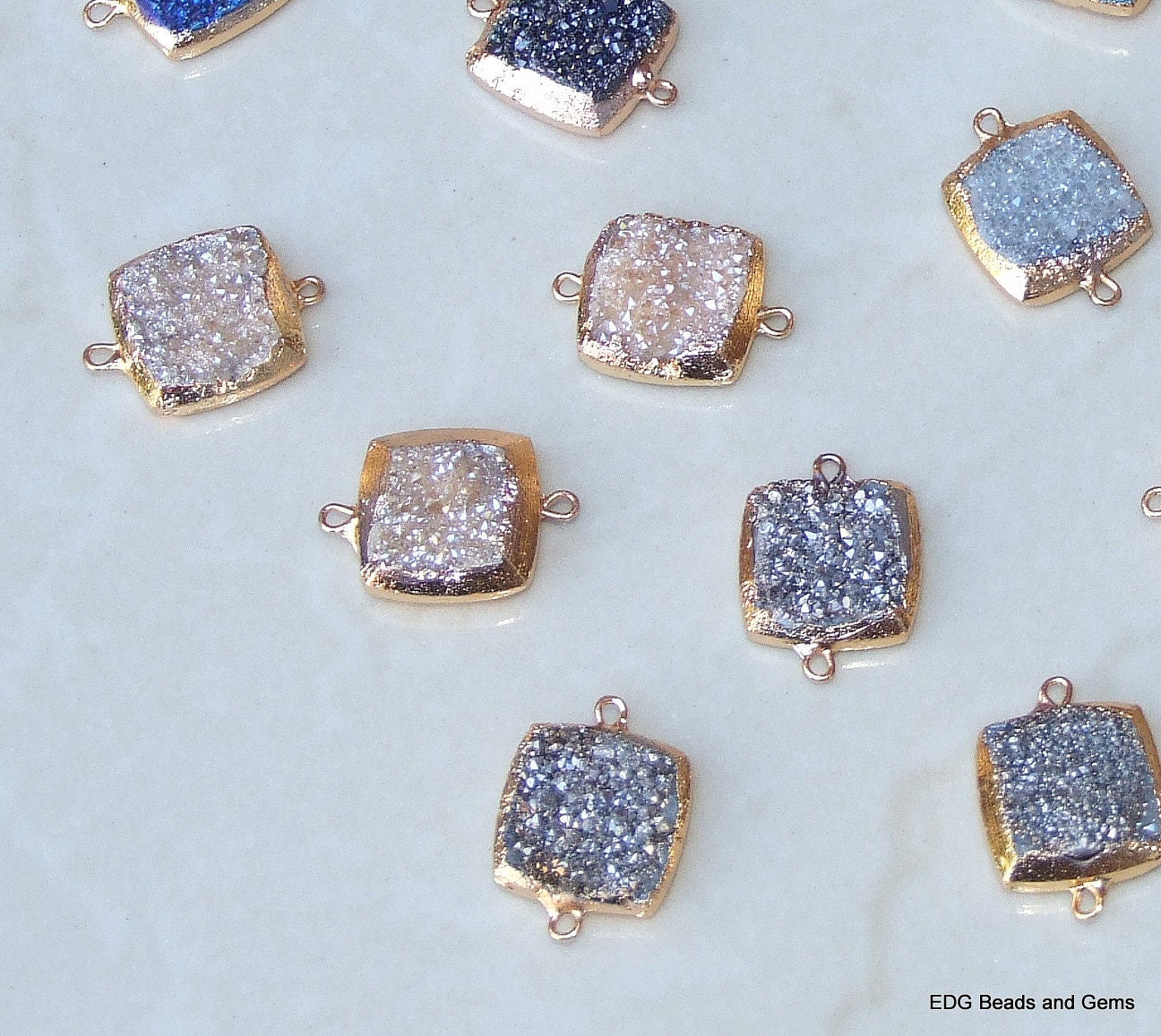 Druzy Connector. Brushed Gold Plated Edge and Loops. Druzy Quartz. Square Druzy Connector Pendant Bead - Titanium Coated - 16mm x 16mm - EDGBeadsandGems