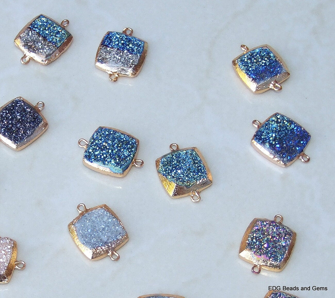 Druzy Connector. Brushed Gold Plated Edge and Loops. Druzy Quartz. Square Druzy Connector Pendant Bead - Titanium Coated - 16mm x 16mm - EDGBeadsandGems