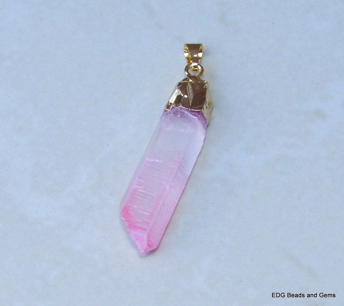 Pink AB Quartz Crystal Pendant, Rough Raw Quartz Pendant, Gemstone Pendant - Gold Plated Cap & Bail - AB Titanium Coated - 10mm x 47mm - 518 - EDGBeadsandGems