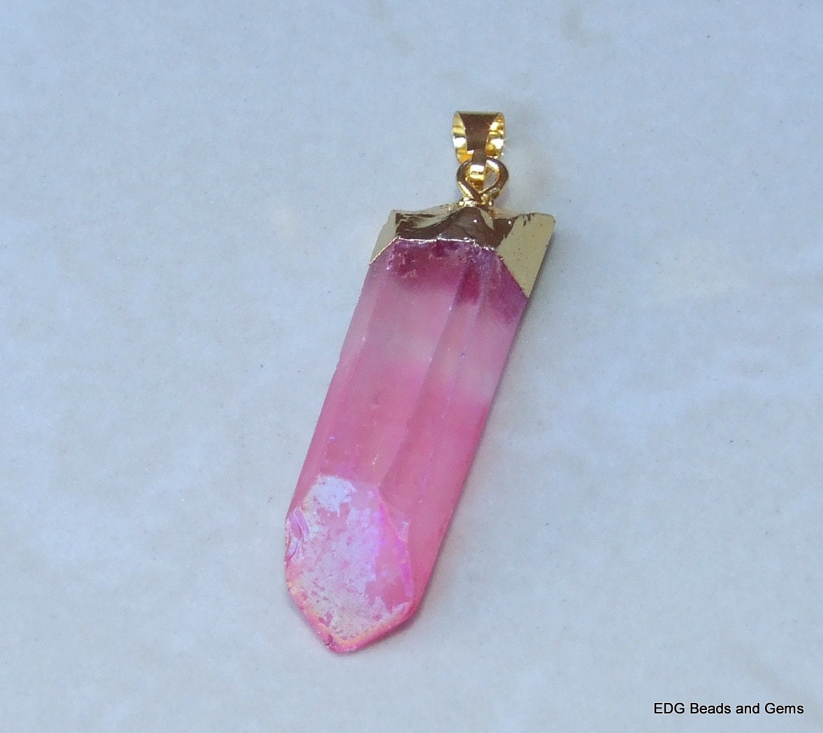 Pink AB Quartz Crystal Pendant - Rough Raw Quartz Pendant - Titanium Coated - Gemstone Pendant - Gold Plated Cap & Bail - 11mm x 44mm - 519 - EDGBeadsandGems