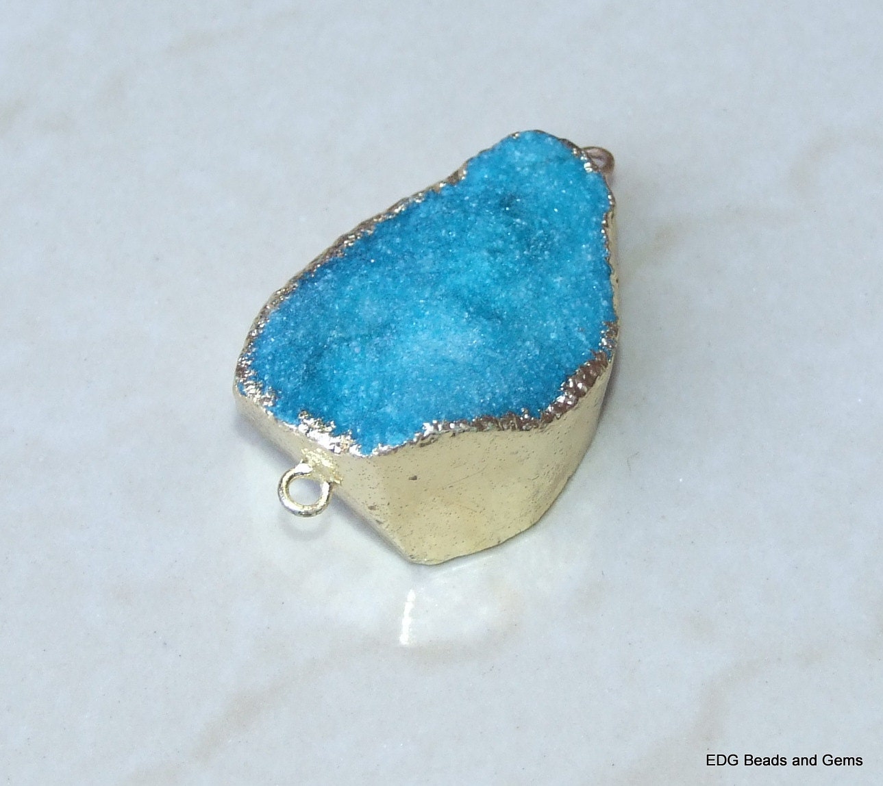 Blue - Druzy Connector - Quartz Druzy Agate - Druzy Connector- Druzy Pendant - Geode - Gold Plated Edge Bezel and Loops - 25mm x 32mm - 2127 - EDGBeadsandGems