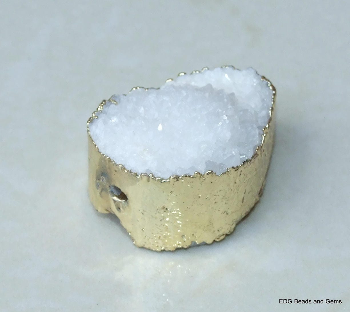 White Druzy Connector, Druzy Pendant. Gold Plated Edge - Center Drilled - Crystal Druzy Agate Pendant Bead - 28 mm x 35 mm - 3708 - EDGBeadsandGems