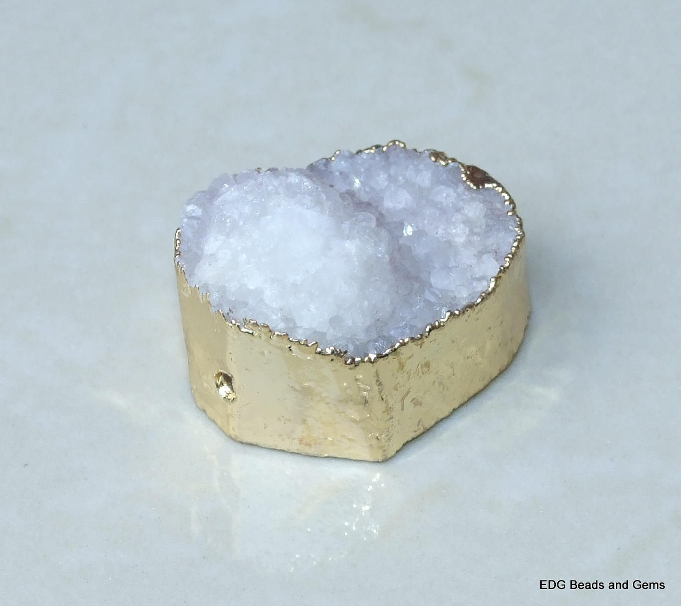 White Druzy Connector, Druzy Pendant. Gold Plated Edge - Center Drilled - Crystal Druzy Agate Pendant Bead - 26 mm x 34 mm - 3710 - EDGBeadsandGems