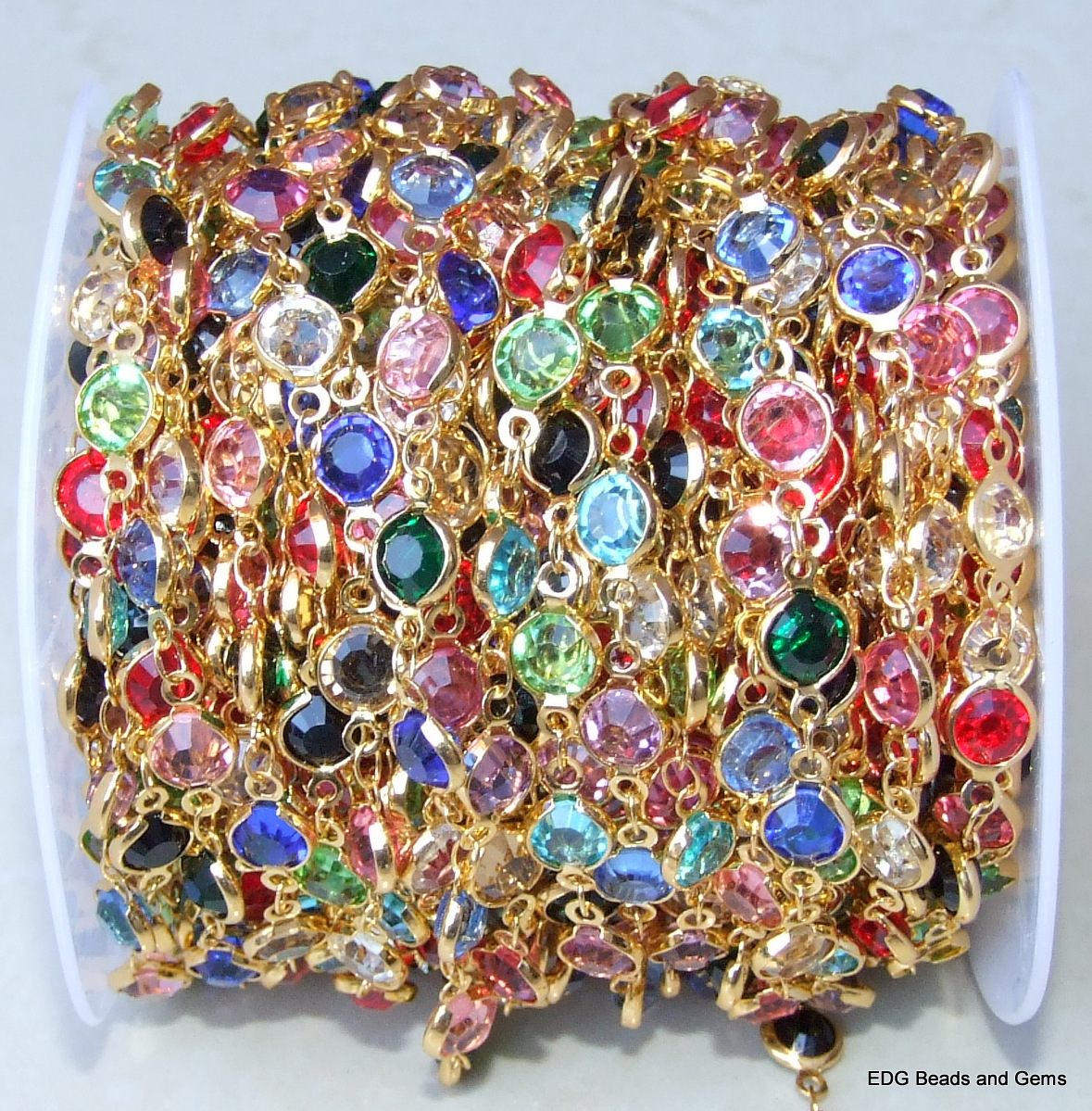 Multicolored 6mm Faceted Glass Bead Rosary Chain, Bulk Chain, Body Chain Jewelry, Gold Plated, Necklace Chain, Belly Chain, 1 Foot - EDGBeadsandGems