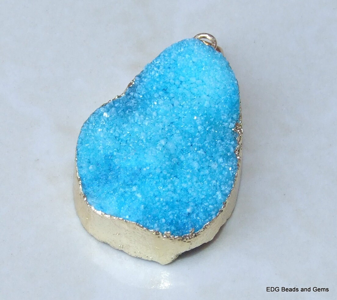 ON SALE Blue Agate Quartz Druzy Pendant, Quartz Druzy Pendant - Gold Plated Edge and Bail - 30mm x 40mm - 4887 - EDGBeadsandGems