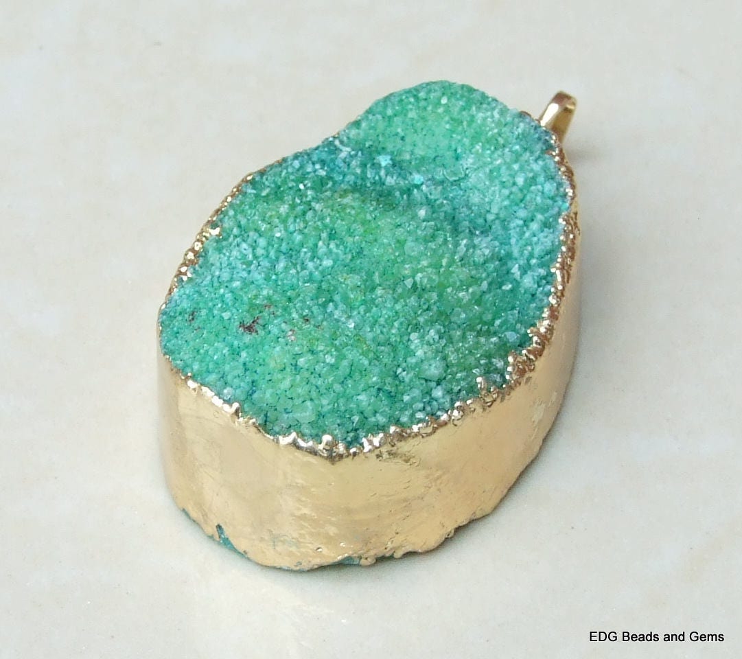 Green Druzy Pendant - Quartz Druzy Agate Pendant - Large Druzy Pendant - Gold Plated Edge and Bail - 30 mm x 41 mm - 3826 - EDGBeadsandGems