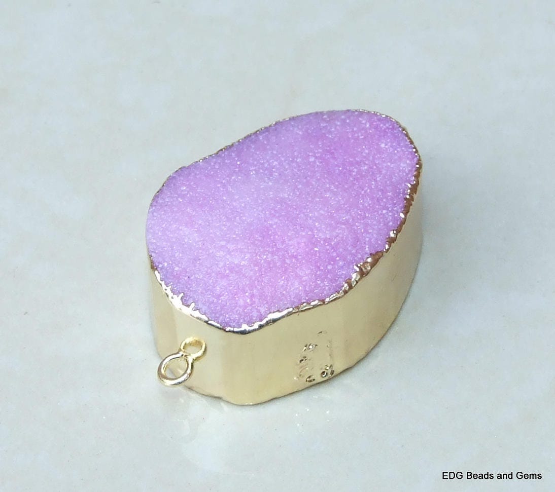 Purple - Druzy Connector. Geode Connector, Druzy Agate Slice Quartz Pendant, Gemstone Druzy Pendant, Gold Plated Edge - 25 mm x 35 mm - 3837 - EDGBeadsandGems