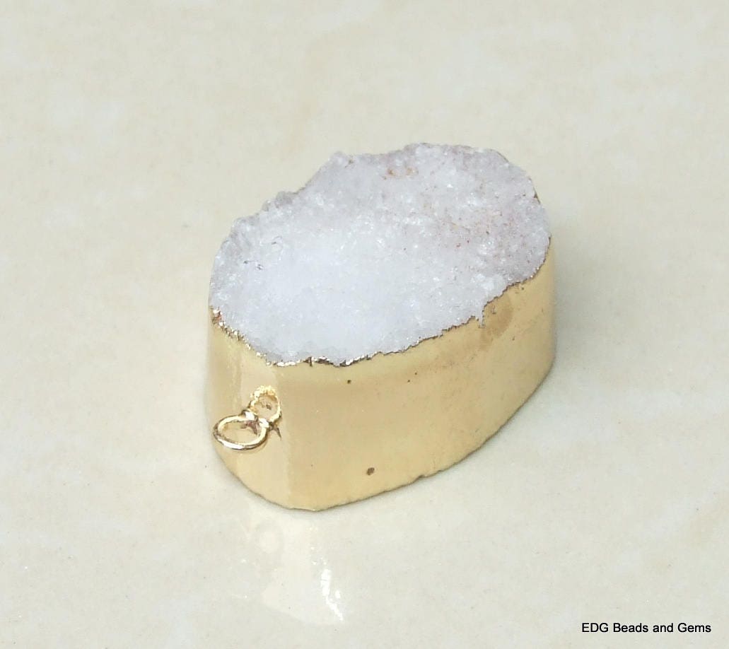 White - Druzy Connector, Druzy Agate Quartz. Gold Plated Edge - Crystal Druzy Agate Pendant Bead - 23 mm x 29 mm - 3931 - EDGBeadsandGems