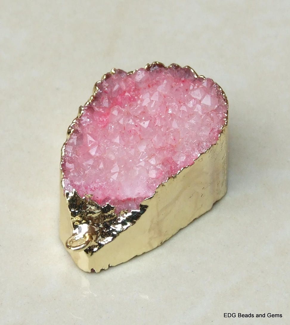 Pink - Druzy Connector - Quartz Druzy Agate - Druzy Connector- Pendant - Gold Plated Edge and Bail - 33 mm x 34 mm - 3973 - EDGBeadsandGems