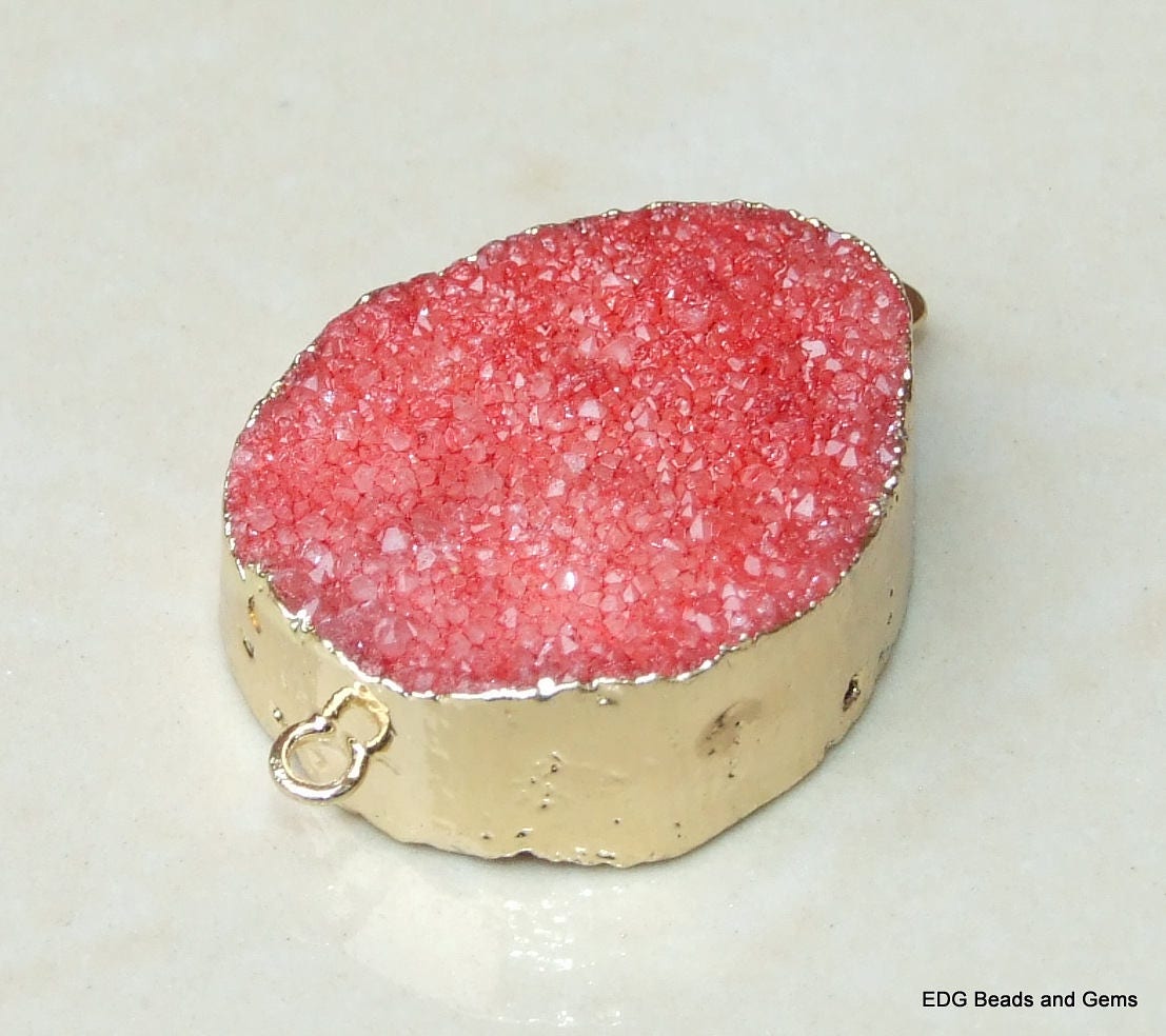 Red, Druzy Connector, Geode Connector, Agate Slice, Geode Pendant, Gemstone Pendant, Druzy Bracelet, Druzy Quartz, 27 mm x 33 mm - 3988 - EDGBeadsandGems