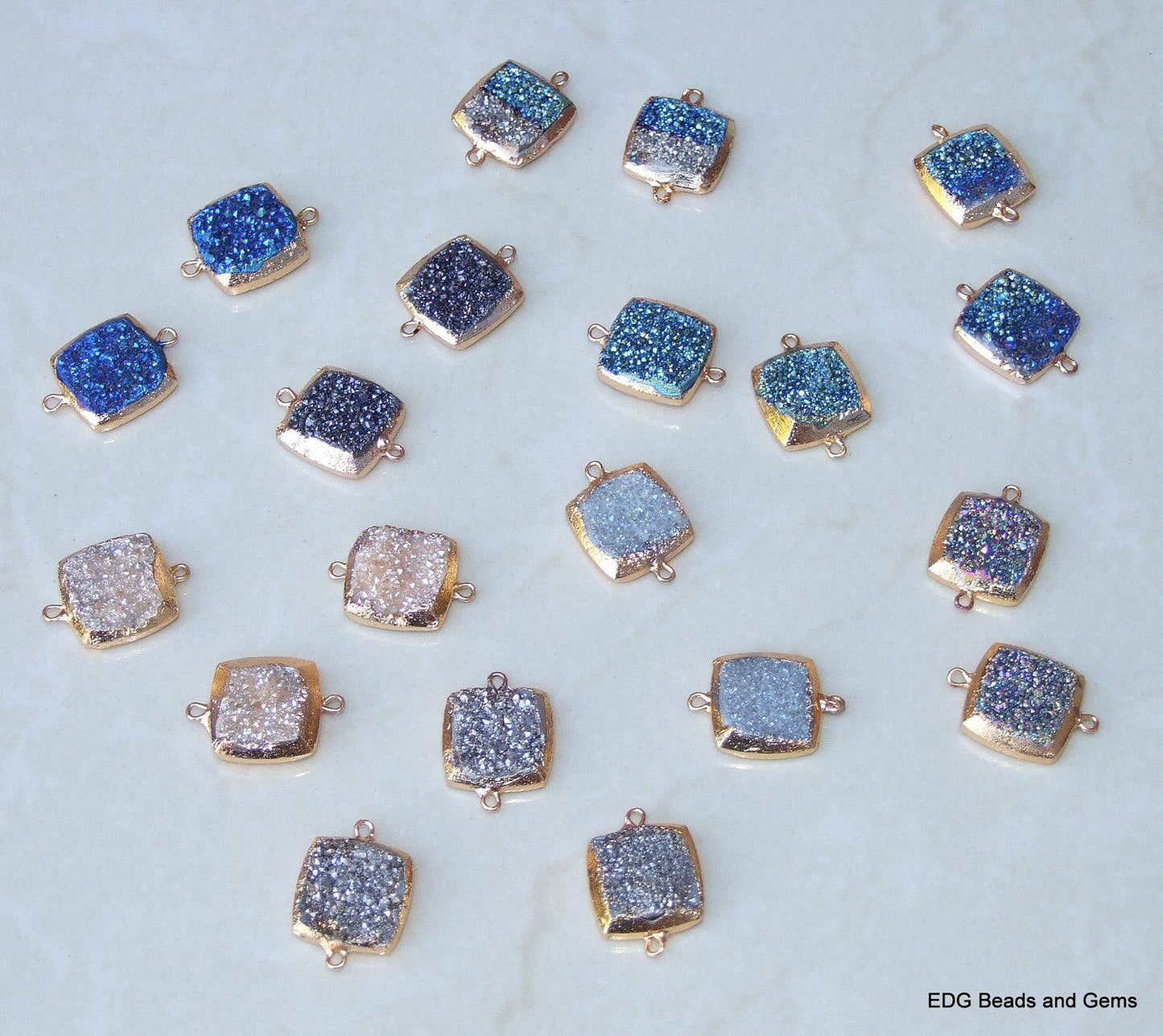 Druzy Connector. Brushed Gold Plated Edge and Loops. Druzy Quartz. Square Druzy Connector Pendant Bead - Titanium Coated - 16mm x 16mm - EDGBeadsandGems