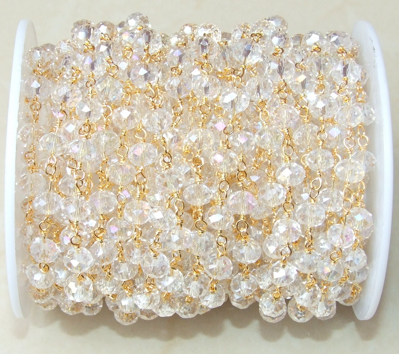 Clear AB Glass Rosary Chain, Bulk Chain, Rondelle Glass Beads, Beaded Chain, Body Chain, Gold Chain, Necklace Chain, Belly Chain - EDGBeadsandGems