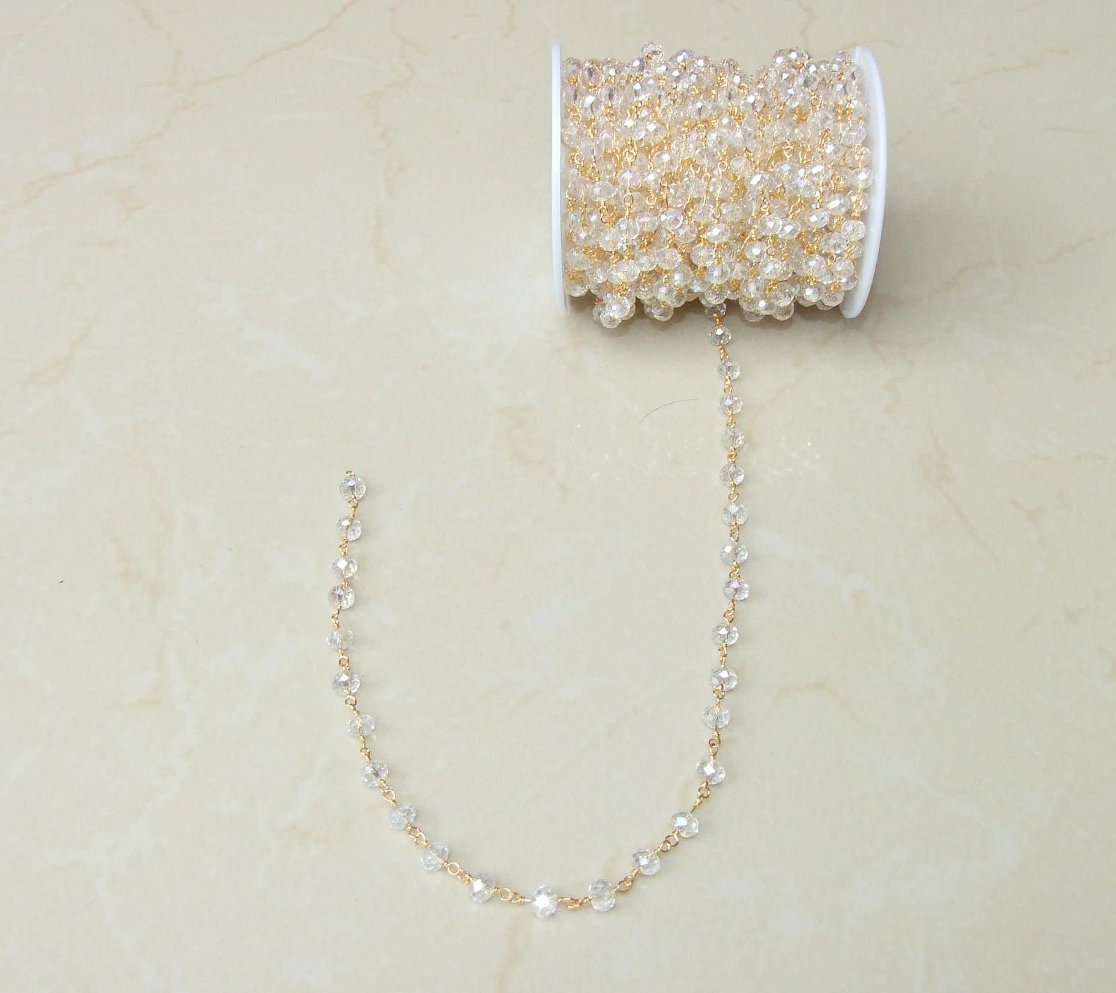 Clear AB Glass Rosary Chain, Bulk Chain, Rondelle Glass Beads, Beaded Chain, Body Chain, Gold Chain, Necklace Chain, Belly Chain - EDGBeadsandGems