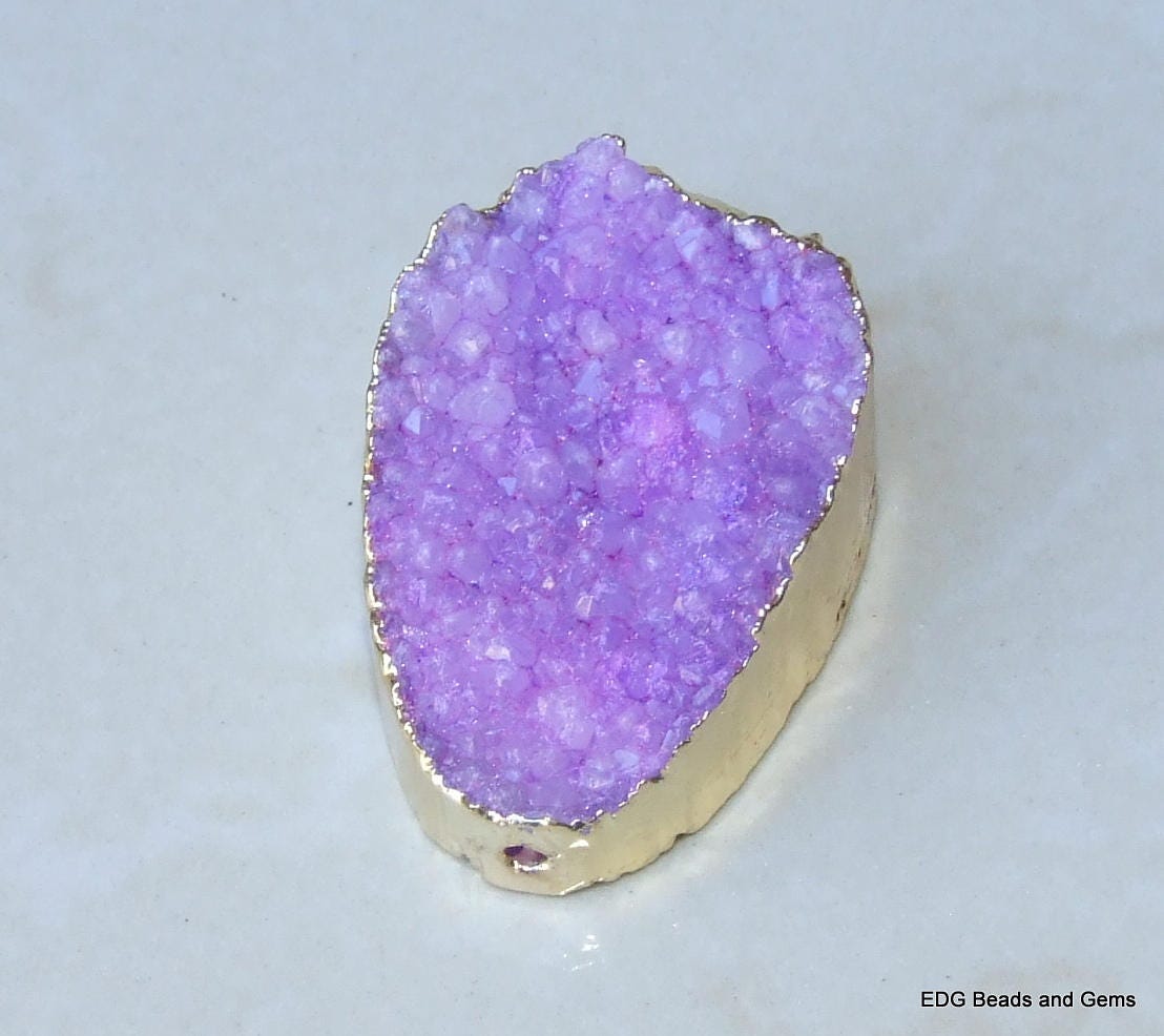 Purple Druzy Connector, Druzy Pendant. Gold Plated Edge - Center Drilled - Crystal Druzy Agate Pendant Bead - 28mm x 41mm - 7048 - EDGBeadsandGems
