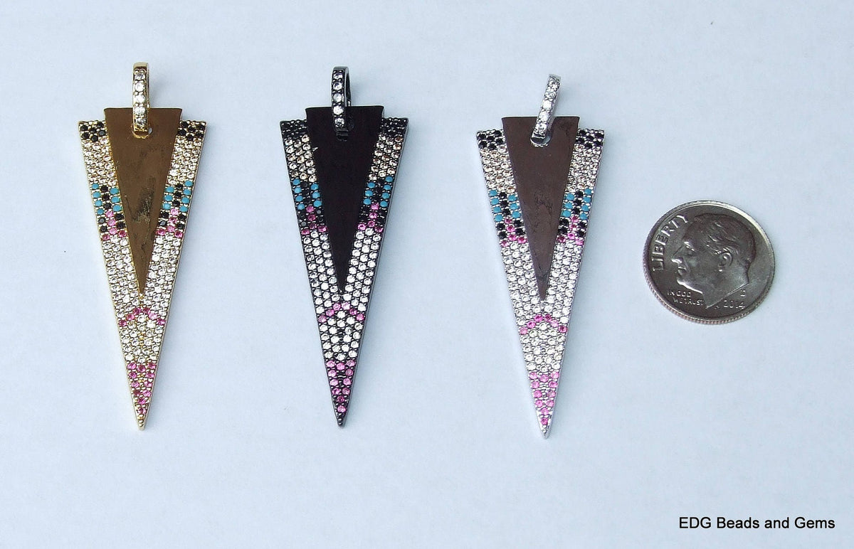 CLOSE OUT Micro Pave Pendant - Pave Charm - Pave Diamond, Pave Cubic Zirconia Crystals, CZ - Rhinestone - Triangle - Silver - 18mm x 50mm - EDGBeadsandGems
