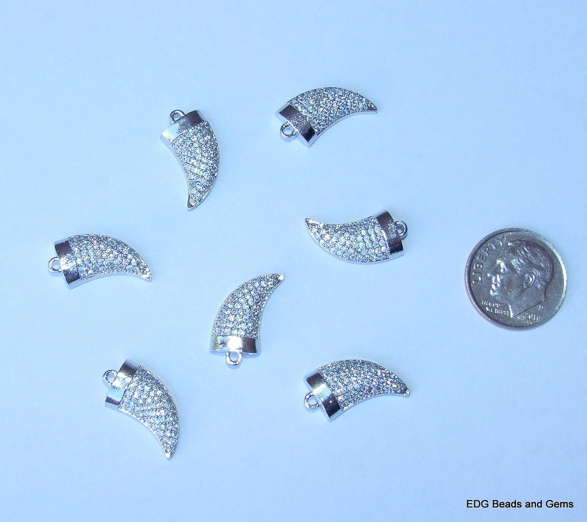 CLOSE OUT Micro Pave Pendant - Pave Charm - Pave Diamond, Pave Cubic Zirconia Crystals, CZ - Rhinestone - Tusk - Silver - 9mm x 14mm - EDGBeadsandGems