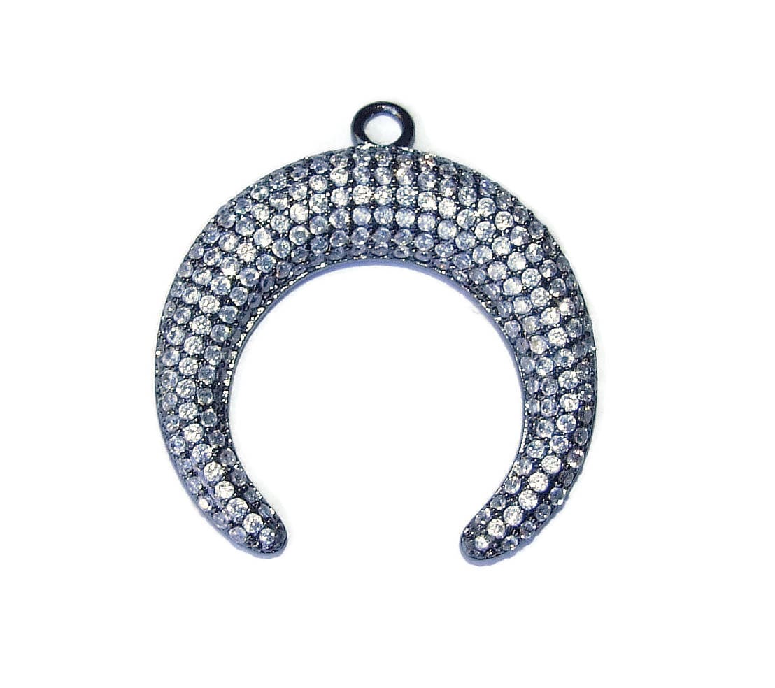 CLOSE OUT Micro Pave Pendant - Pave Charm Pendant Pave Cubic Zirconia Crystals CZ - Rhinestone, Crescent Moon Double Horn Tusk - Black, 30mm - EDGBeadsandGems