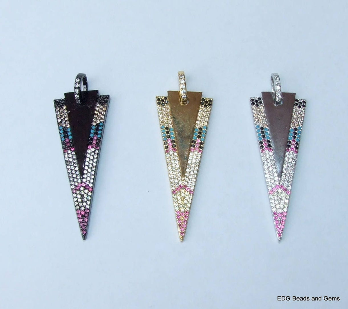 CLOSE OUT Micro Pave Pendant - Pave Charm - Pave Diamond, Pave Cubic Zirconia Crystals, CZ - Rhinestone - Triangle - Silver - 18mm x 50mm - EDGBeadsandGems