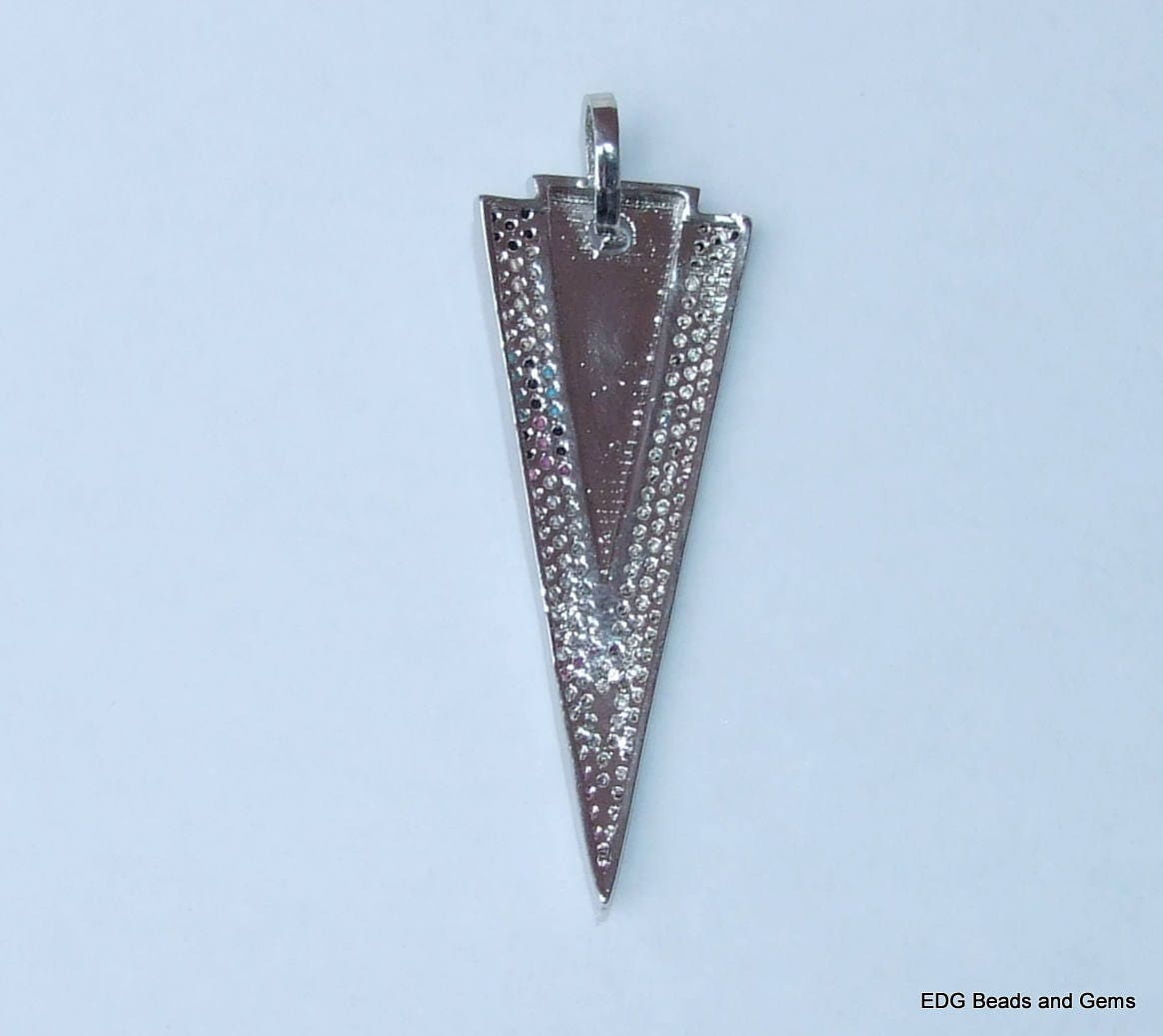 CLOSE OUT Micro Pave Pendant - Pave Charm - Pave Diamond, Pave Cubic Zirconia Crystals, CZ - Rhinestone - Triangle - Silver - 18mm x 50mm - EDGBeadsandGems