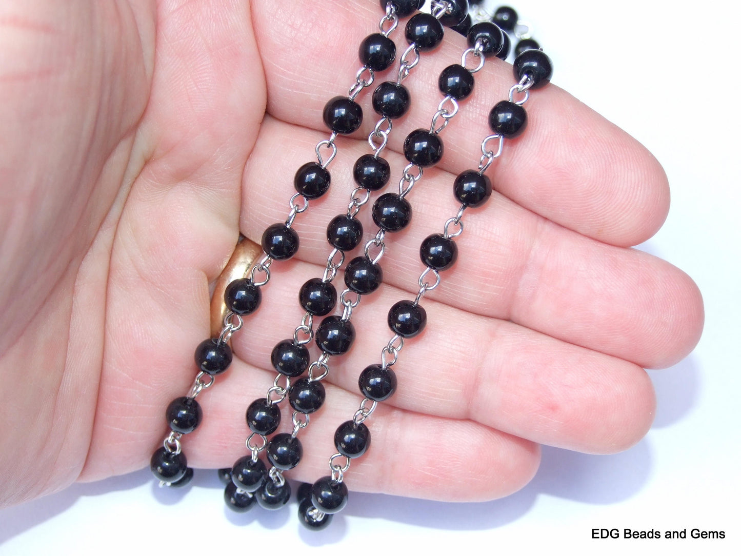 8mm Black Polished Pearl Rosary Chain, 1 Meter, Glass Beads, Beaded Chain, Body Chain Jewelry, Silver Chain, Necklace Chain, Belly Chain