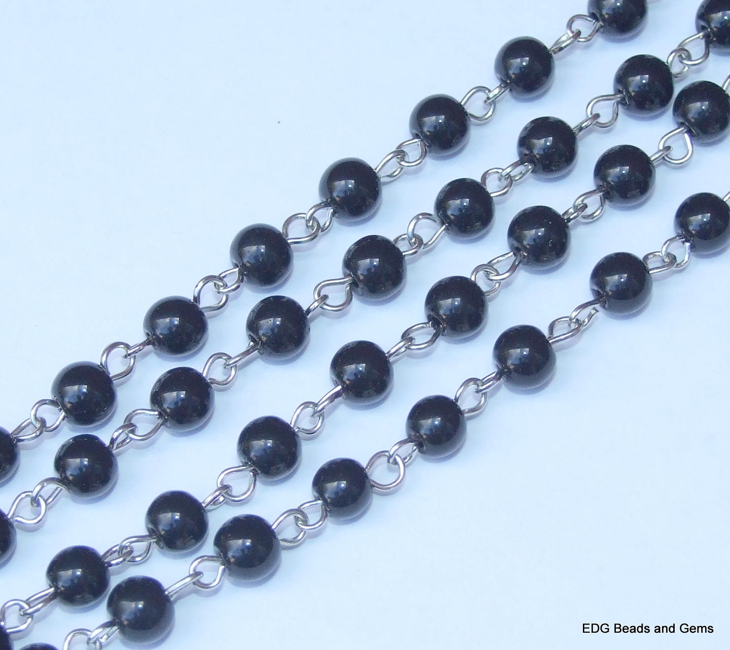 8mm Black Polished Pearl Rosary Chain, 1 Meter, Glass Beads, Beaded Chain, Body Chain Jewelry, Silver Chain, Necklace Chain, Belly Chain