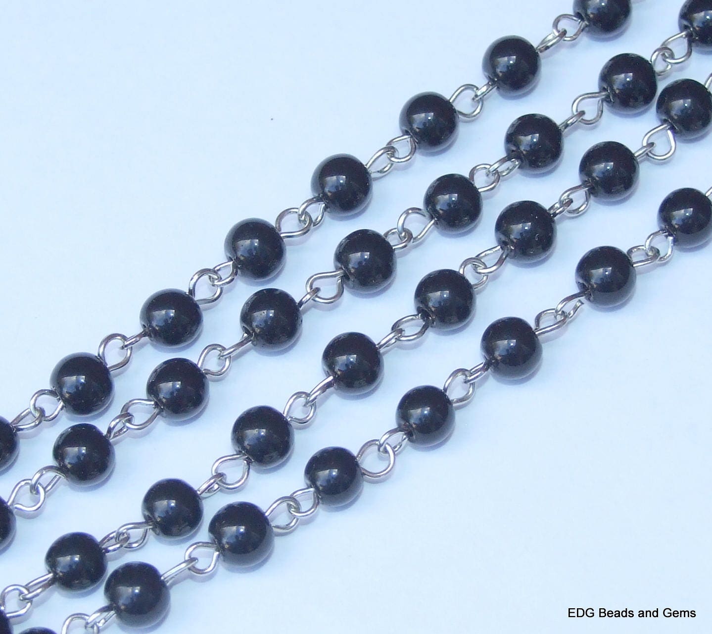 8mm Black Polished Pearl Rosary Chain, 1 Meter, Glass Beads, Beaded Chain, Body Chain Jewelry, Silver Chain, Necklace Chain, Belly Chain - EDGBeadsandGems