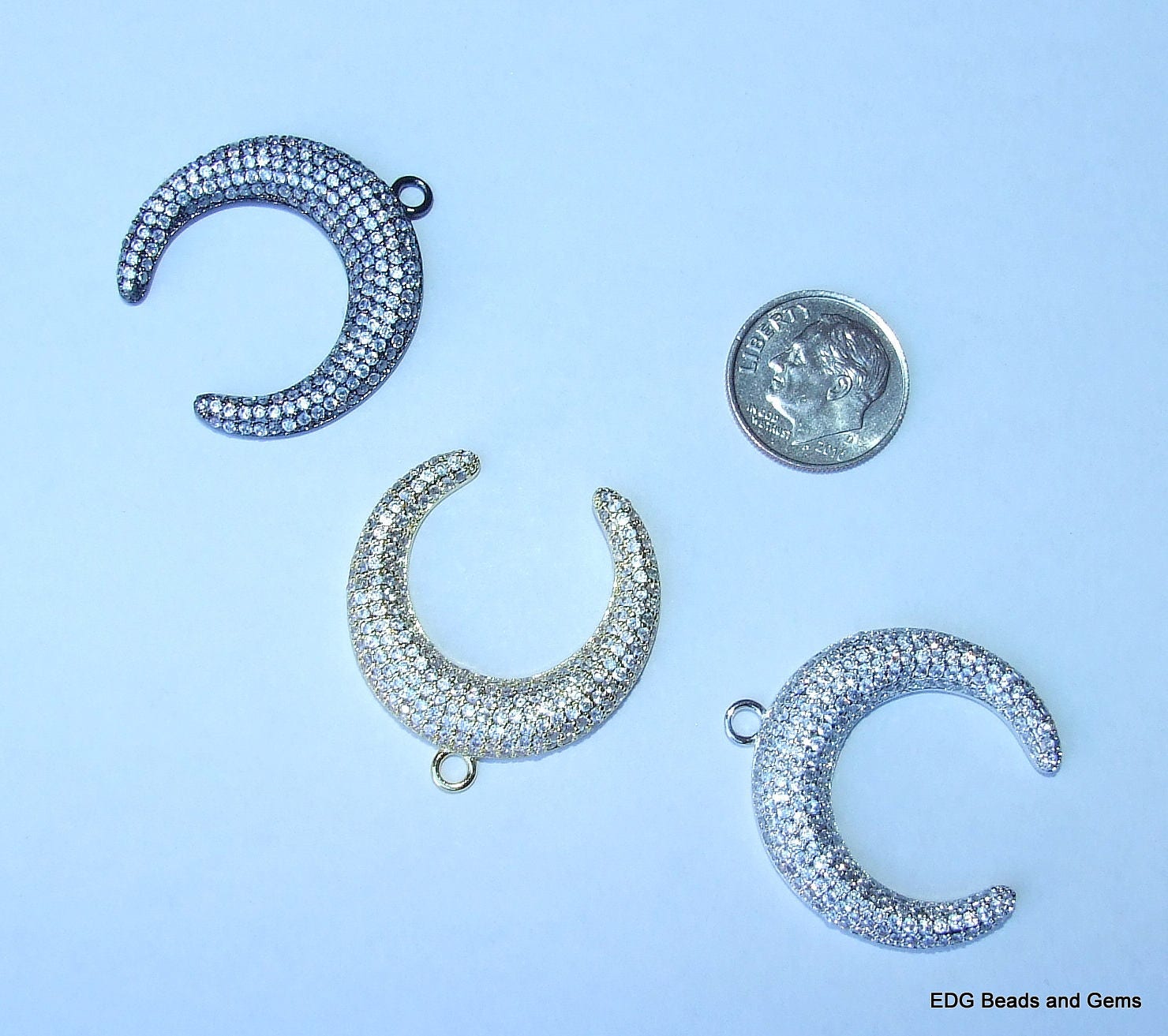 CLOSE OUT Micro Pave Pendant - Pave Charm Pendant Pave Cubic Zirconia Crystals CZ - Rhinestone, Crescent Moon Double Horn Tusk - Black, 30mm - EDGBeadsandGems