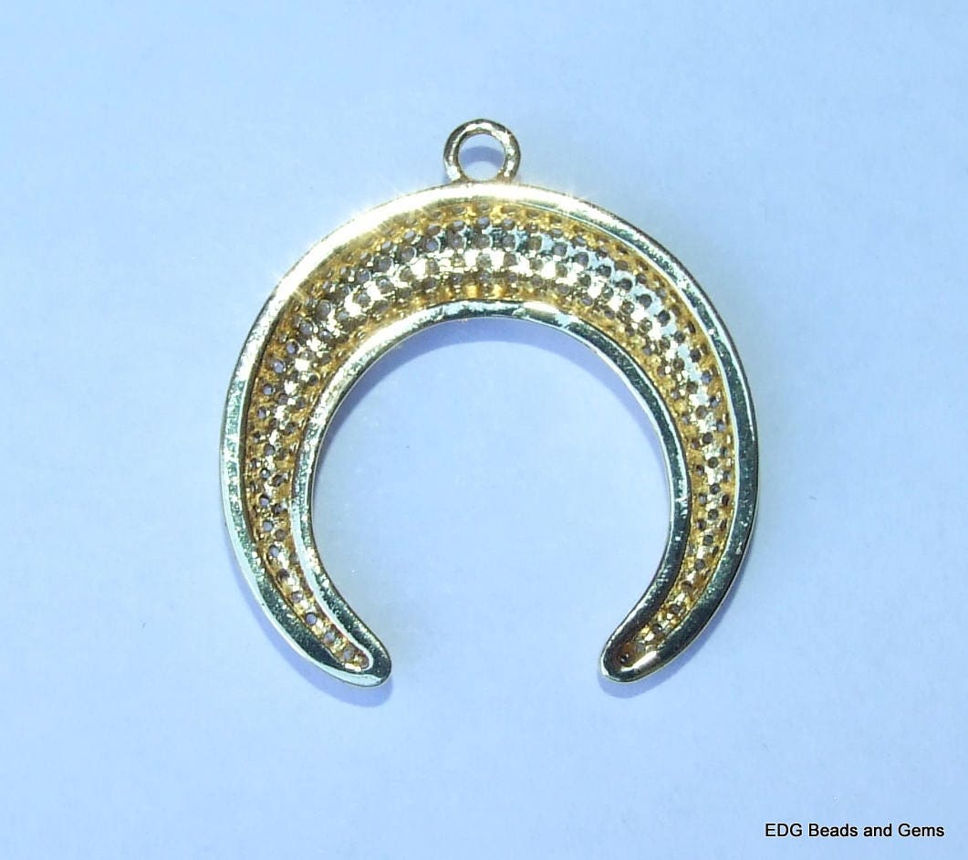CLOSE OUT Micro Pave Pendant - Pave Charm Pendant Pave Cubic Zirconia Crystals CZ - Rhinestone, Crescent Moon Double Horn Tusk - Black, 30mm - EDGBeadsandGems