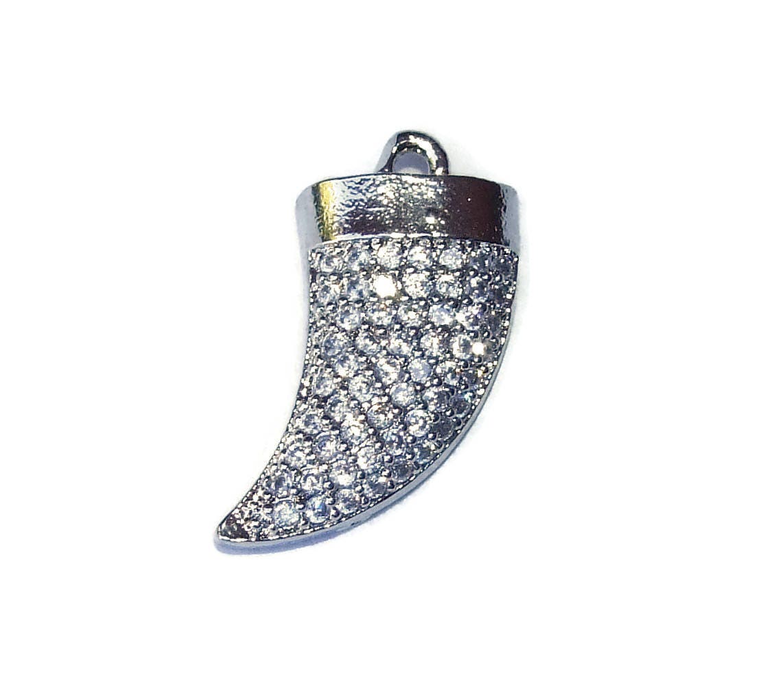CLOSE OUT Micro Pave Pendant - Pave Charm - Pave Diamond, Pave Cubic Zirconia Crystals, CZ - Rhinestone - Tusk - Silver - 9mm x 14mm - EDGBeadsandGems