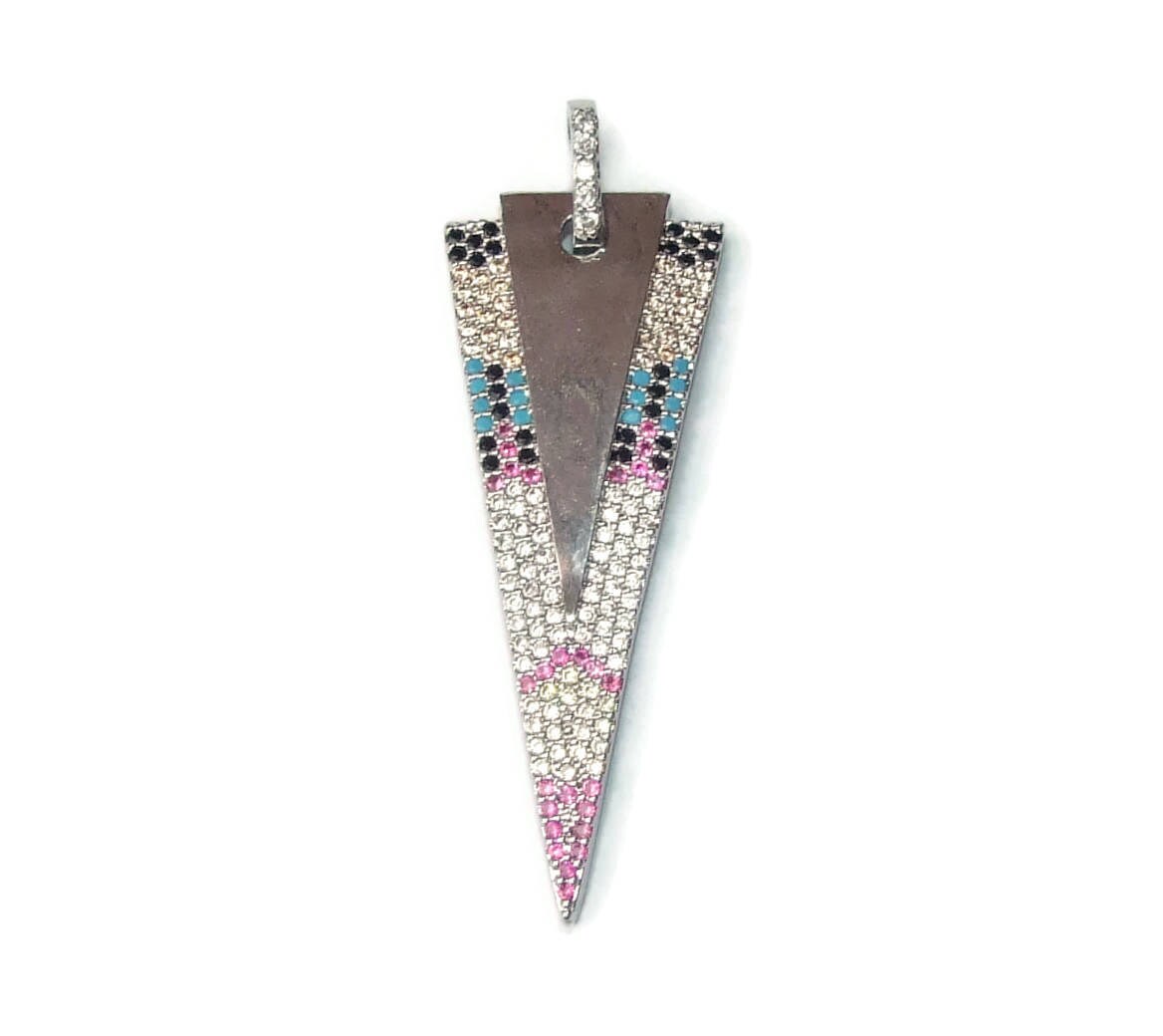 CLOSE OUT Micro Pave Pendant - Pave Charm - Pave Diamond, Pave Cubic Zirconia Crystals, CZ - Rhinestone - Triangle - Silver - 18mm x 50mm - EDGBeadsandGems