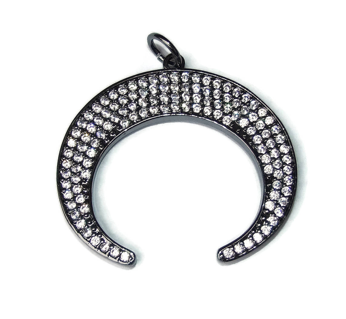 CLOSE OUT Micro Pave Pendant, Pave Charms, Pave Diamond Charms, Cubic Zirconia, CZ Pendant, Crescent Moon Pendant, Black Gunmetal, 37mm - EDGBeadsandGems