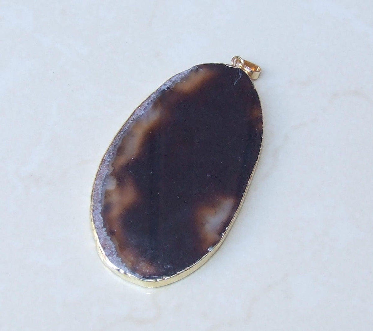 Large Black Agate Slice Pendant, Agate Pendant, Gemstone Pendant, Geode Pendant, Druzy Pendant - Polished - Gold Edge - 47mm x 85mm- 8912 - EDGBeadsandGems
