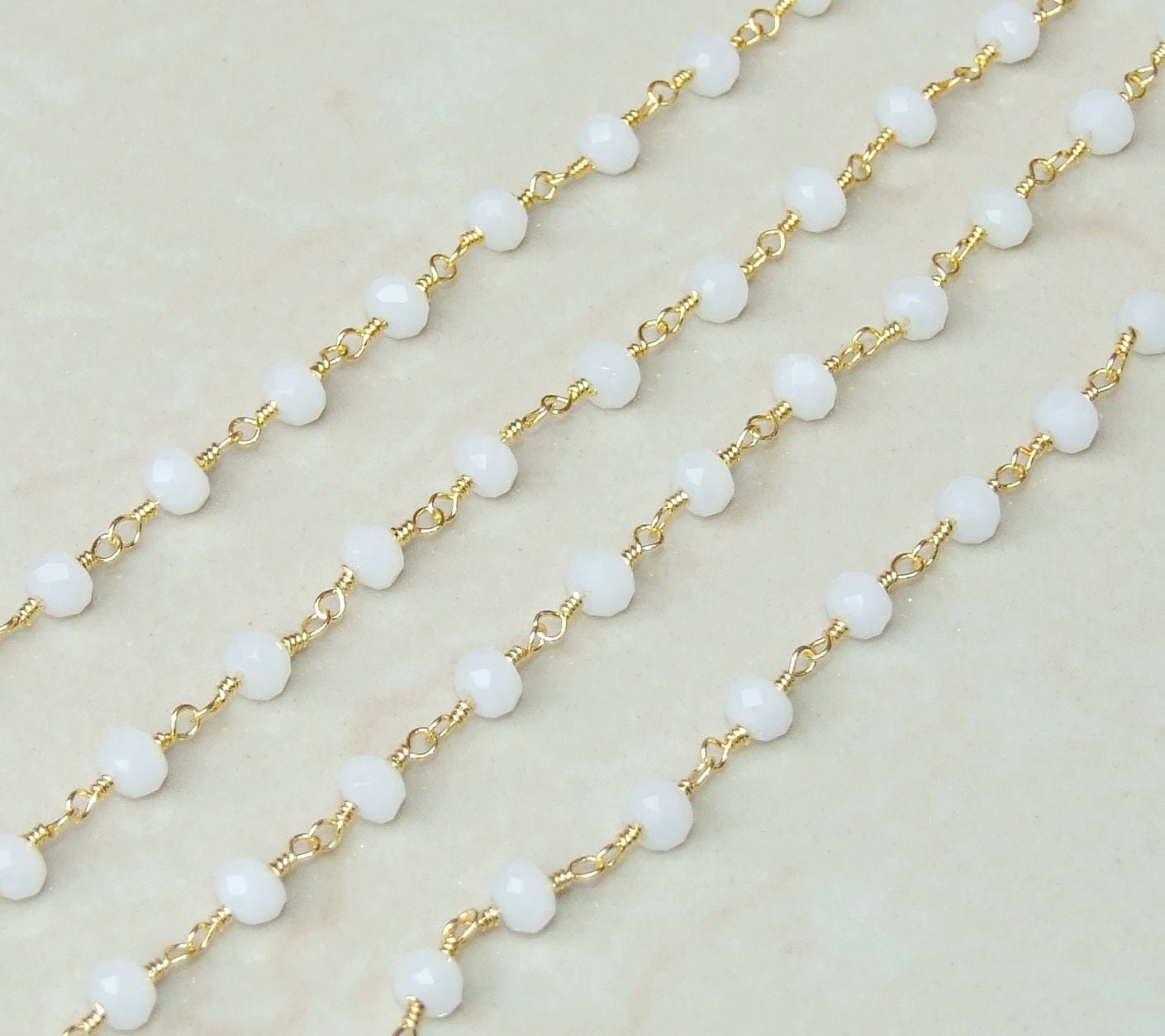 White Opalized Glass Rosary Chain, Bulk Chain, Rondelle Glass Beads, Beaded Chain, Body Chain, Gold Chain, Necklace Chain, Belly Chain - EDGBeadsandGems