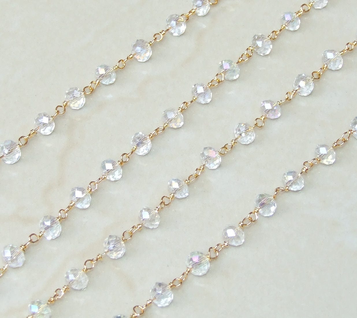 Clear AB Glass Rosary Chain, Bulk Chain, Rondelle Glass Beads, Beaded Chain, Body Chain, Gold Chain, Necklace Chain, Belly Chain - EDGBeadsandGems