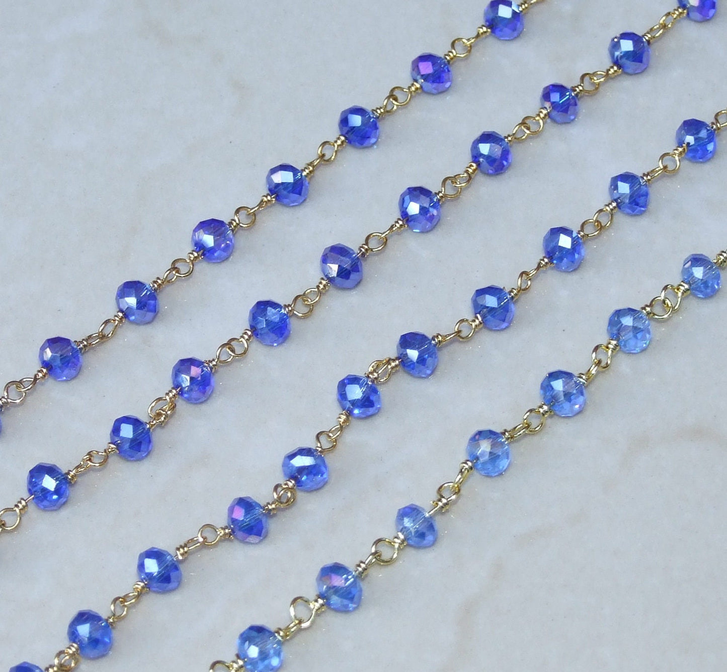 Sapphire Blue Glass Rosary Chain, Bulk Chain, Rondelle Glass Beads, Beaded Chain, Body Chain, Gold Chain, Necklace Chain, Belly Chain - EDGBeadsandGems