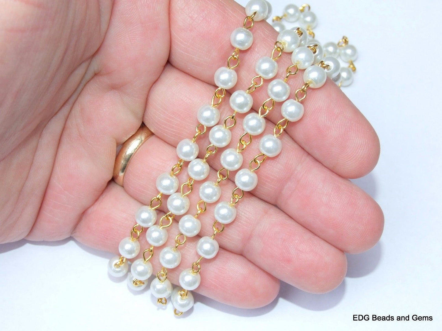 White Pearl Rosary Chain, 1 Meter, Bulk Chain, Round Glass Beads, Beaded Chain, Body Chain, Gold Chain, Necklace Chain, Belly Chain, 6mm, 02 - EDGBeadsandGems