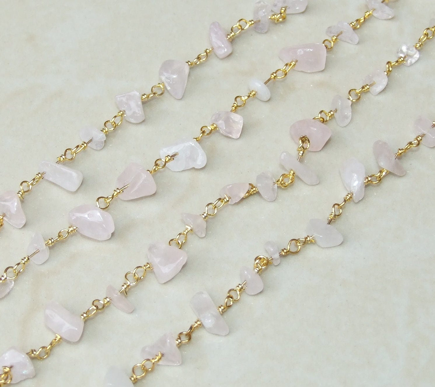 Rose Quartz Rosary Chain - Gold Plated Wire Wrapped Rosary Chain. 2mm x 4mm to 5mm x 13mm - Sold by the Foot - EDGBeadsandGems