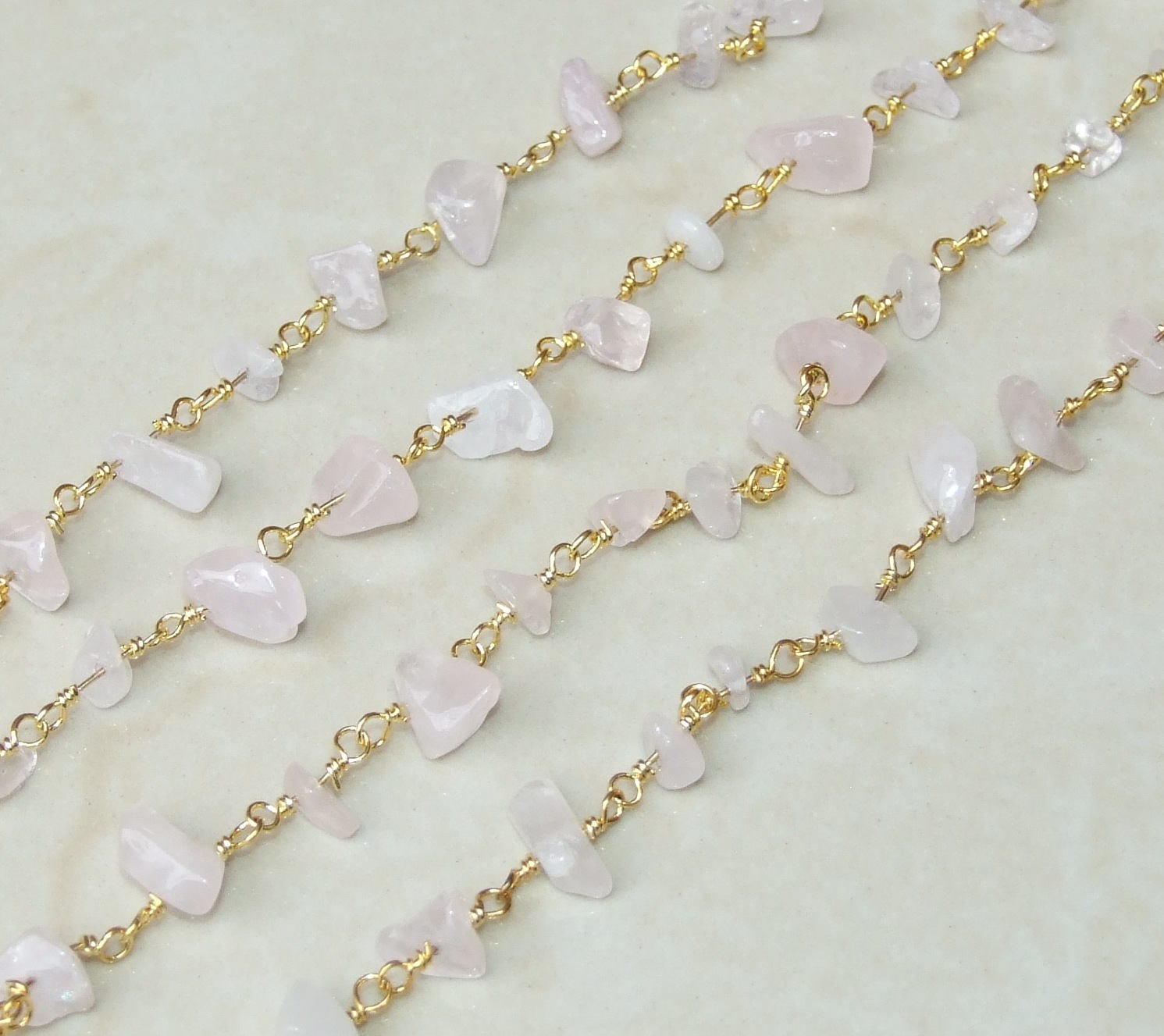 Rose Quartz Rosary Chain - Gold Plated Wire Wrapped Rosary Chain. 2mm x 4mm to 5mm x 13mm - Sold by the Foot - EDGBeadsandGems