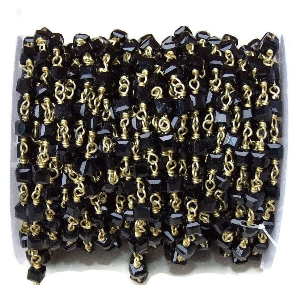 Black Onyx Rosary Chain, Bulk Chain, Rondelle Glass Beads, Beaded Chain, Body Chain Jewelry, Gold Chain, Necklace Chain, Belly Chain - EDGBeadsandGems