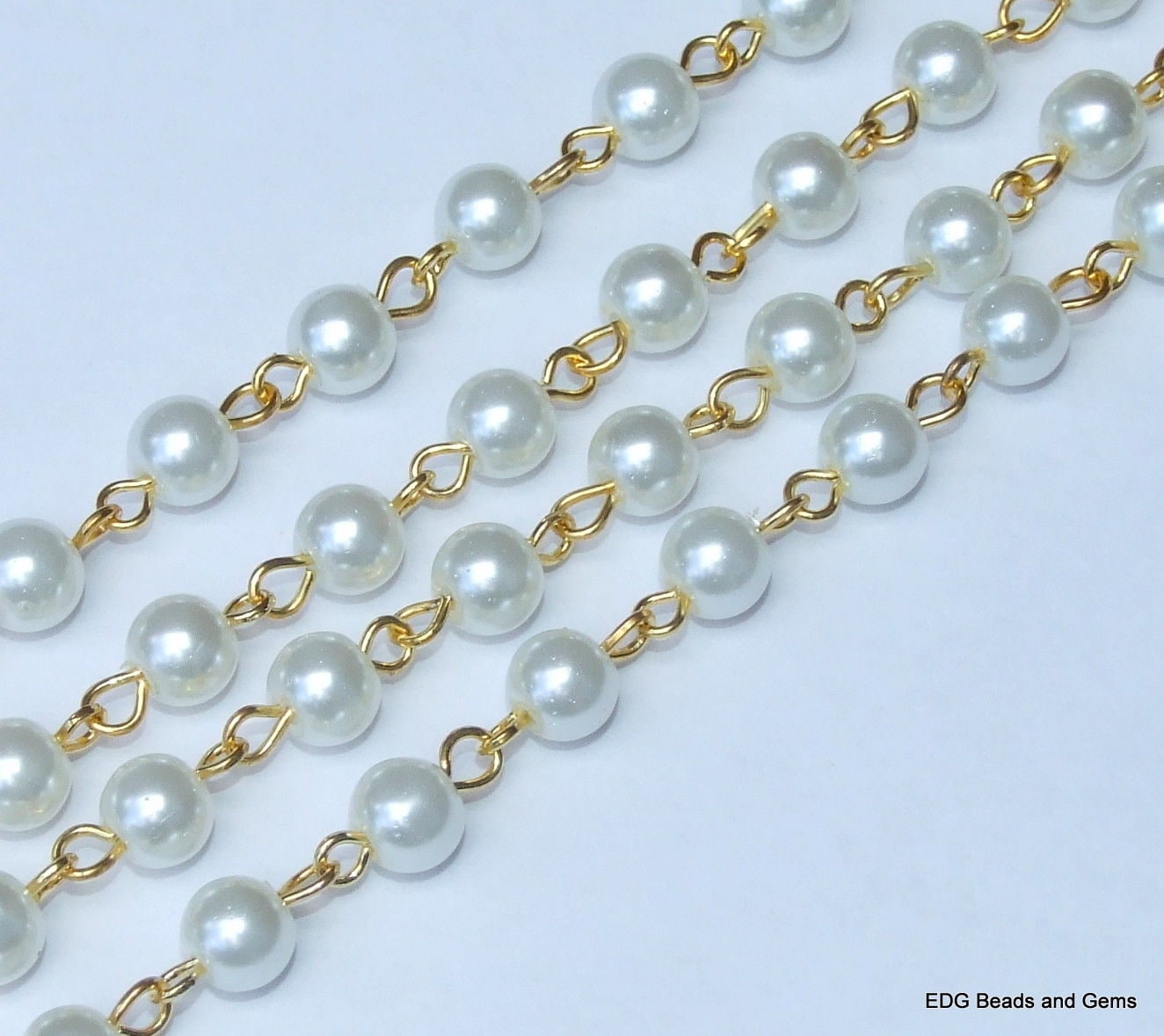 White Pearl Rosary Chain, 1 Meter, Bulk Chain, Round Glass Beads, Beaded Chain, Body Chain, Gold Chain, Necklace Chain, Belly Chain, 6mm, 02 - EDGBeadsandGems