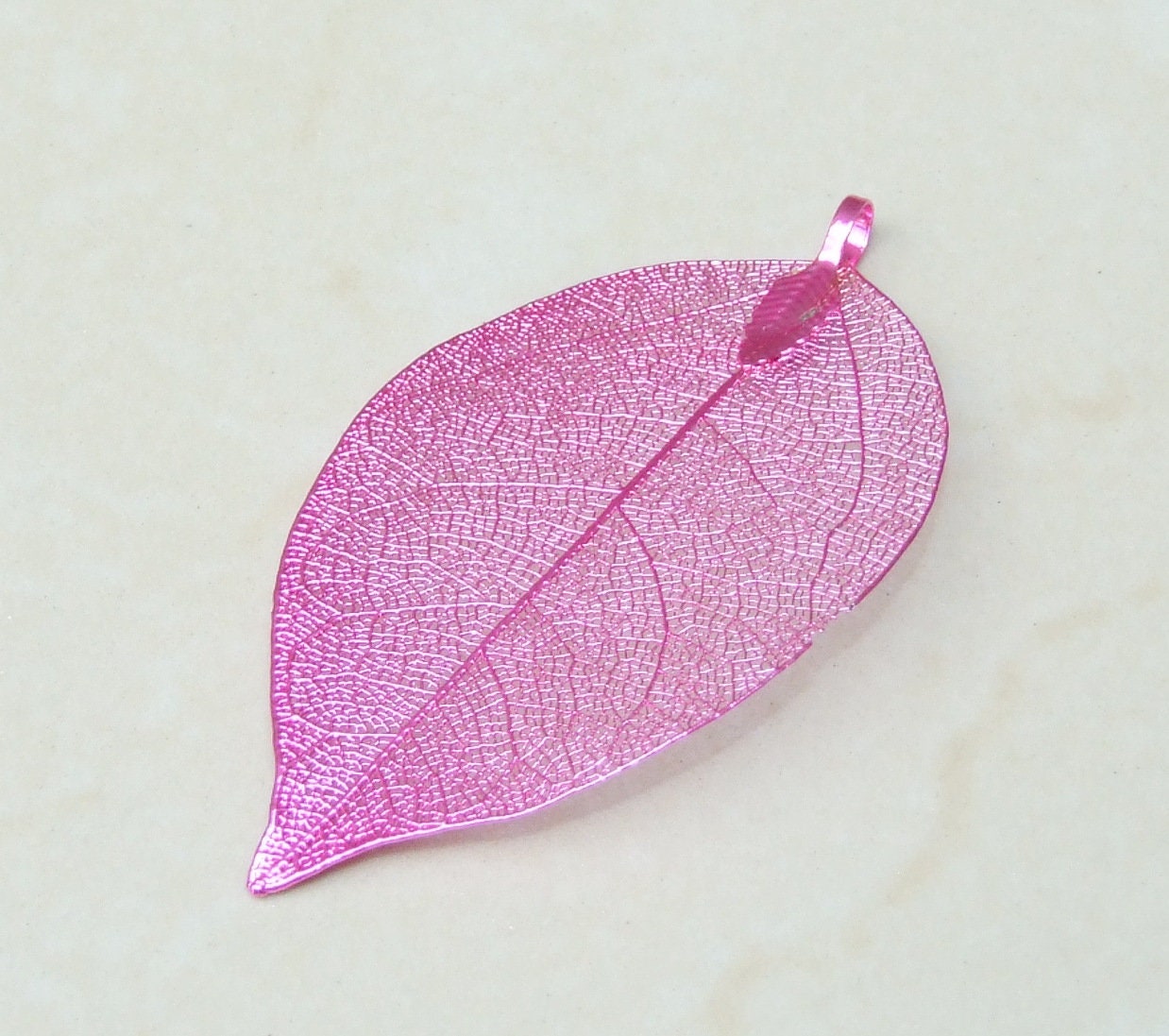 Liquid Metal Leaf Pendant - Large Leaf Pendant - Autumn Leaf - Pink - BOHO - Tribal - 34mm x 64mm - 2255 - EDGBeadsandGems