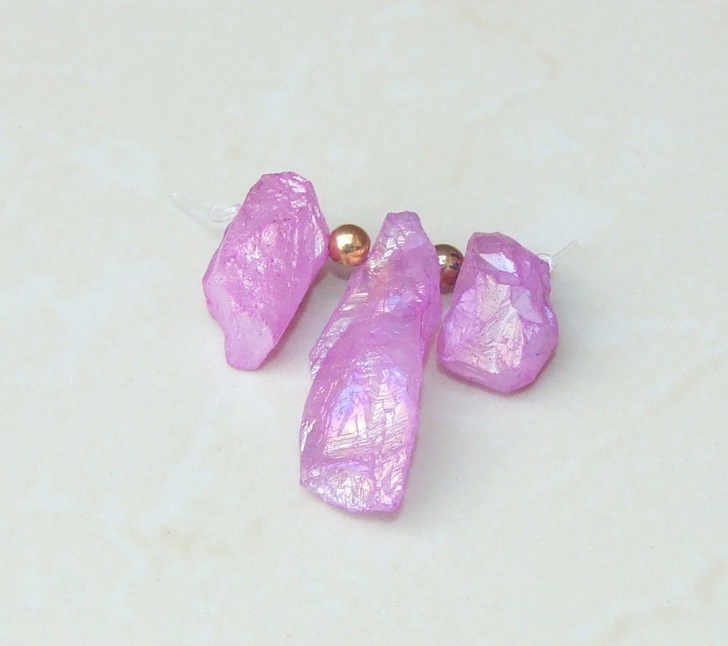 Pink AB Titanium Quartz Points, Titanium Druzy, Raw Rough Quartz Beads, Iridescent Pink Titanium Quartz - 3 Stones - 26mm - 47mm - 2709 - EDGBeadsandGems