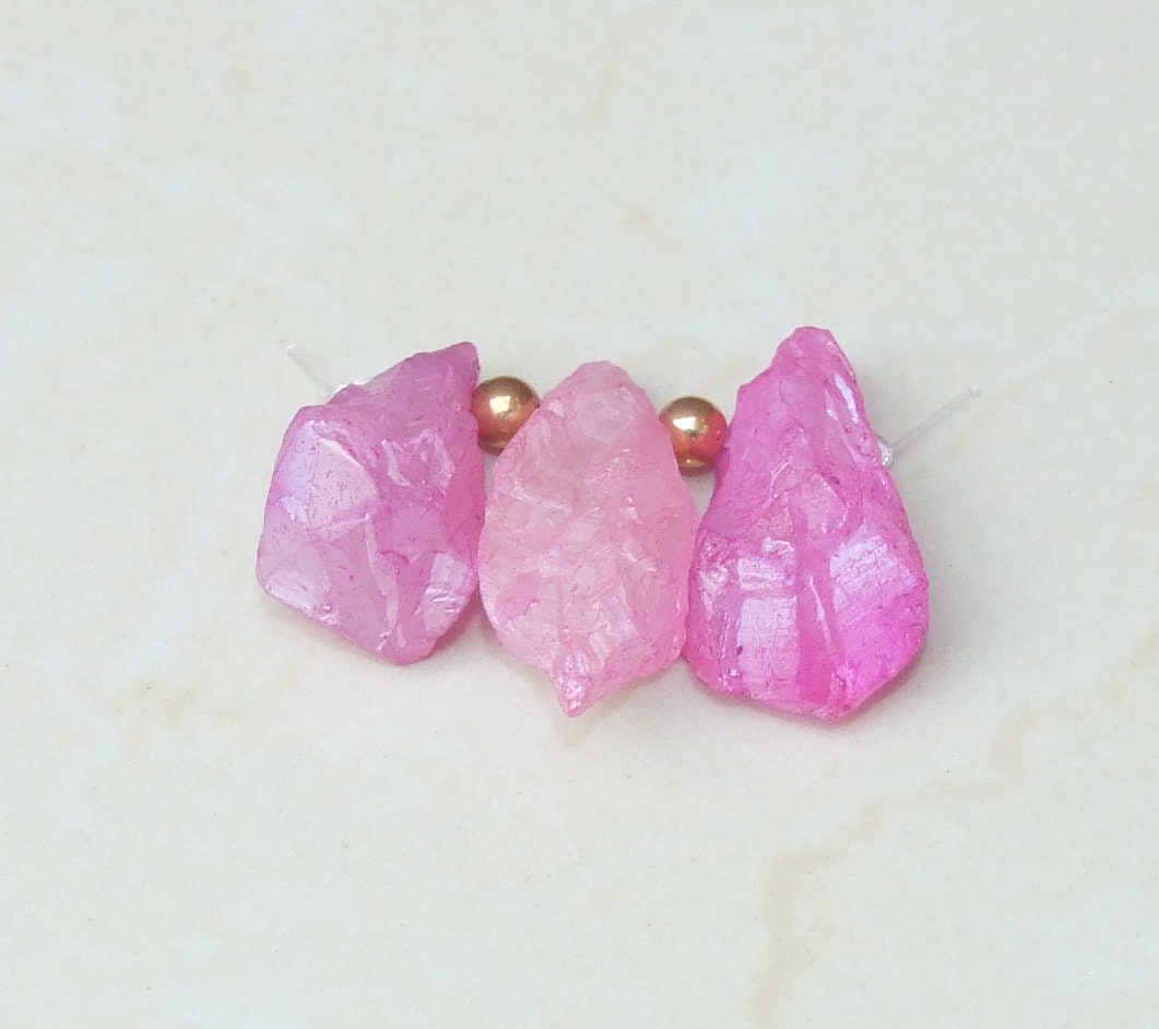 Pink AB Titanium Quartz Points, Titanium Druzy, Raw Rough Quartz Beads, Iridescent Pink Titanium Quartz - 3 Stones - 32mm - 41mm - 2712 - EDGBeadsandGems