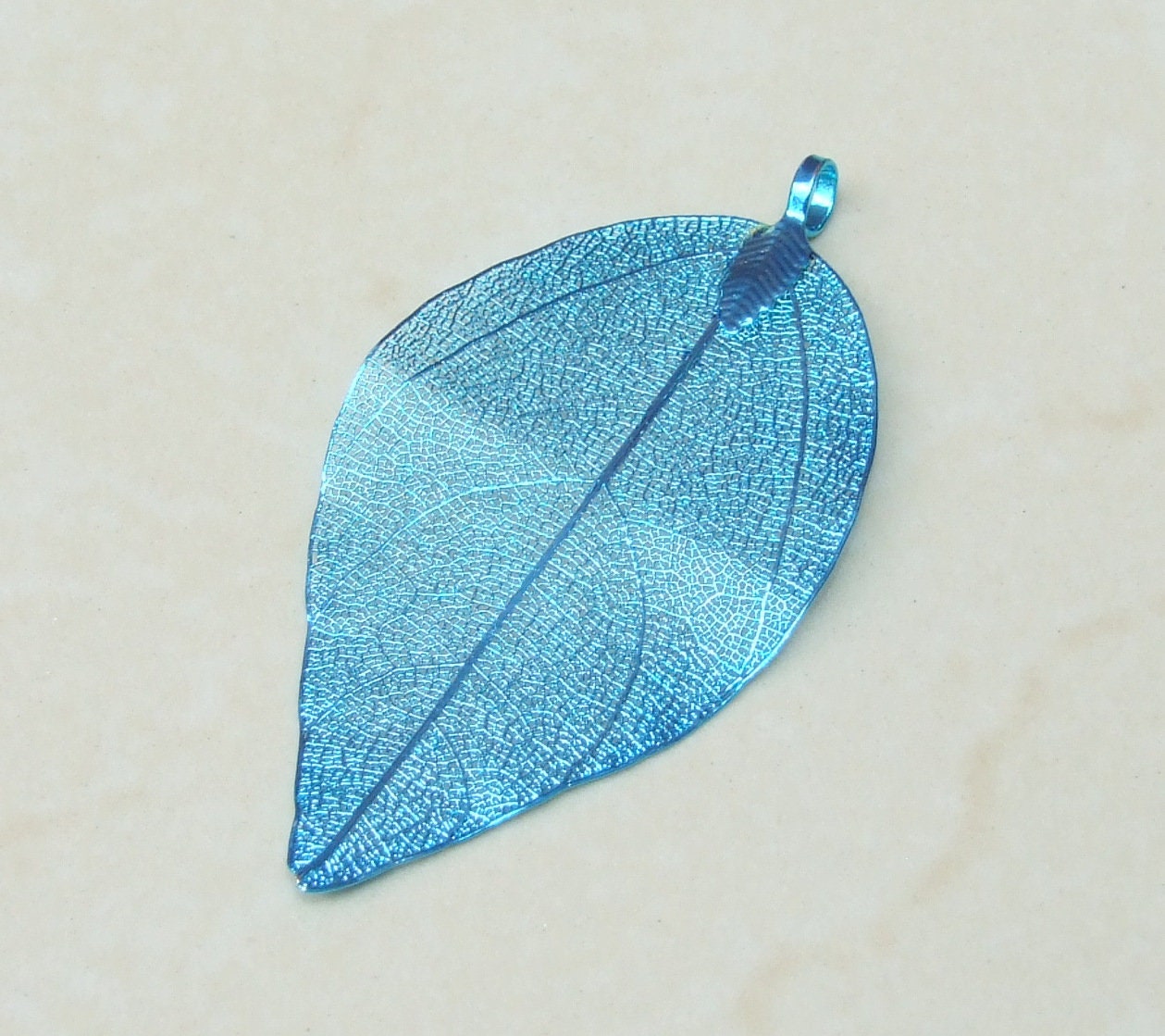 Liquid Metal Leaf Pendant - Large Leaf Pendant - Autumn Leaf - Blue - BOHO - Tribal - 35mm x 64mm - 2260 - EDGBeadsandGems