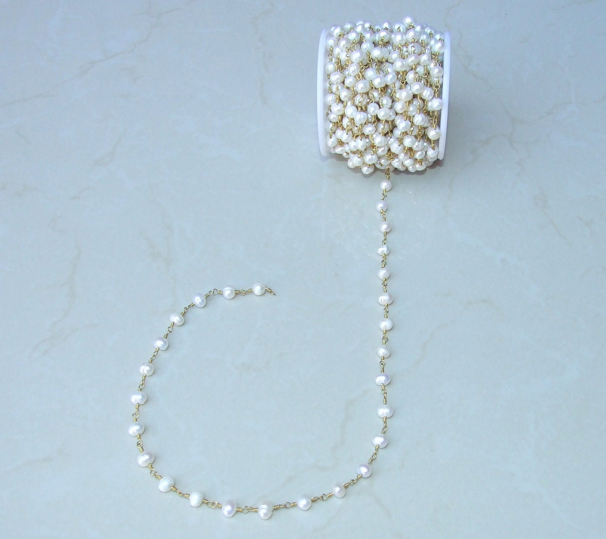 White Freshwater Pearl Rosary Chain, 18K, Wire Wrapped Chain, Natural Freshwater Pearls - Potato Shaped Pearls - 6-7mm - Sold by the Foot - EDGBeadsandGems