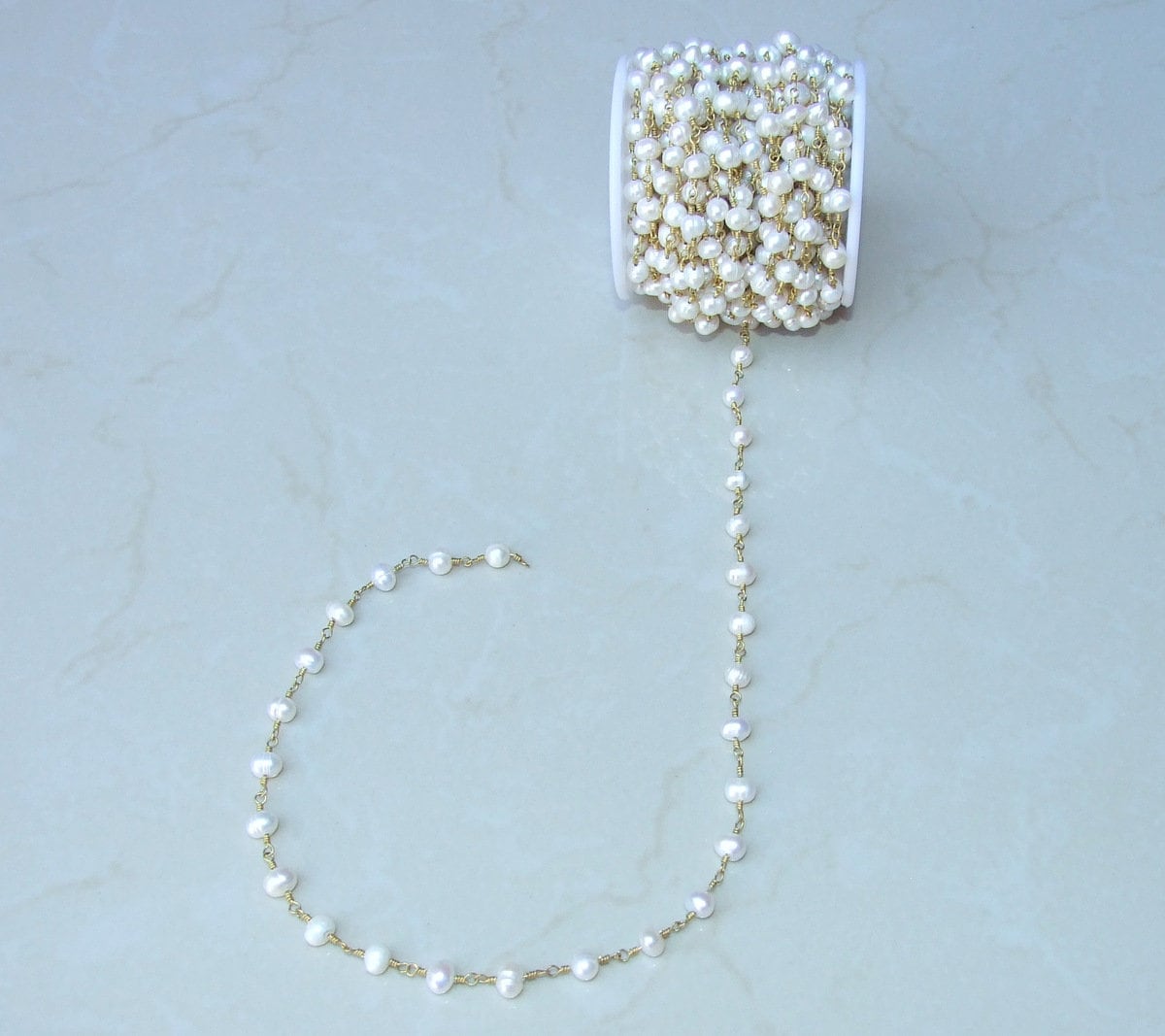 White Freshwater Pearl Rosary Chain - Wire Wrapped Chain, Natural Freshwater Pearls - Potato Shaped Pearls - 6-7mm - Sold by the Foot - EDGBeadsandGems