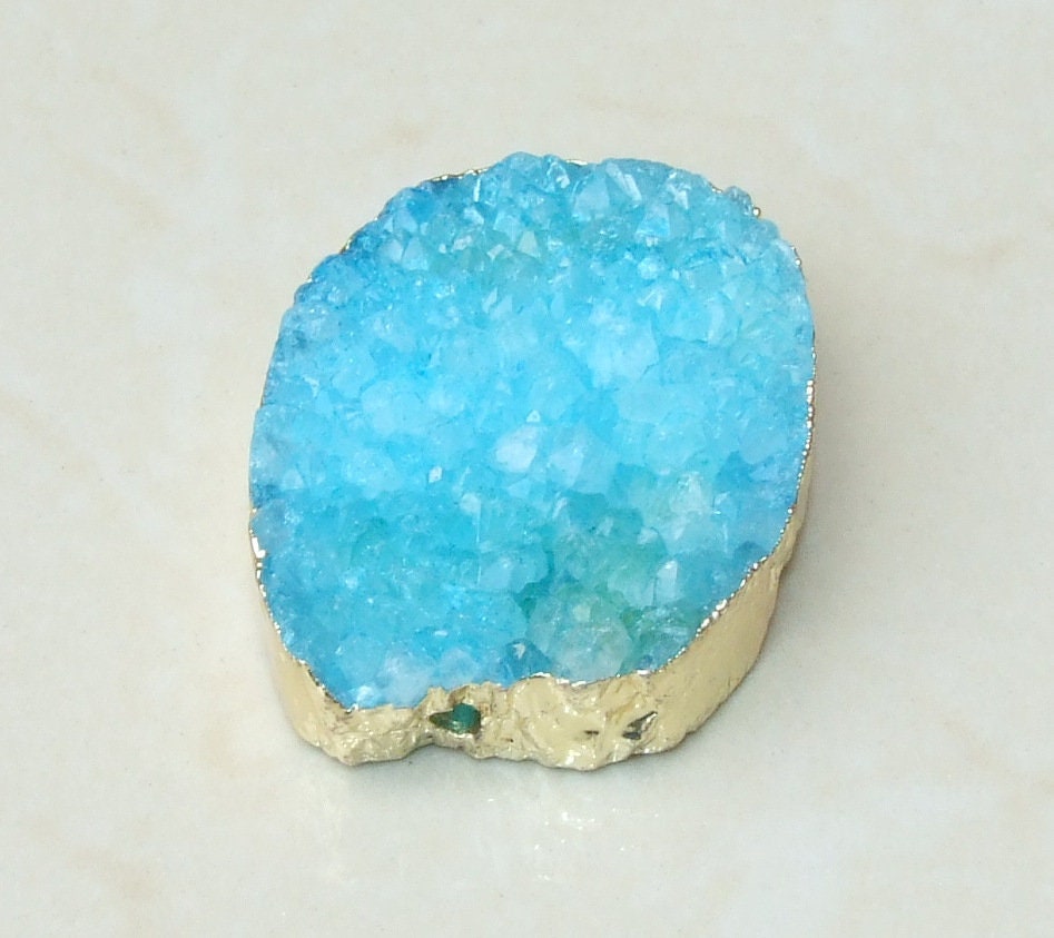 Blue Druzy Connector, Druzy Pendant. Gold Plated Edge - Center Drilled - Crystal Druzy Agate Pendant Bead - 34mm x 48mm - 3434 - EDGBeadsandGems